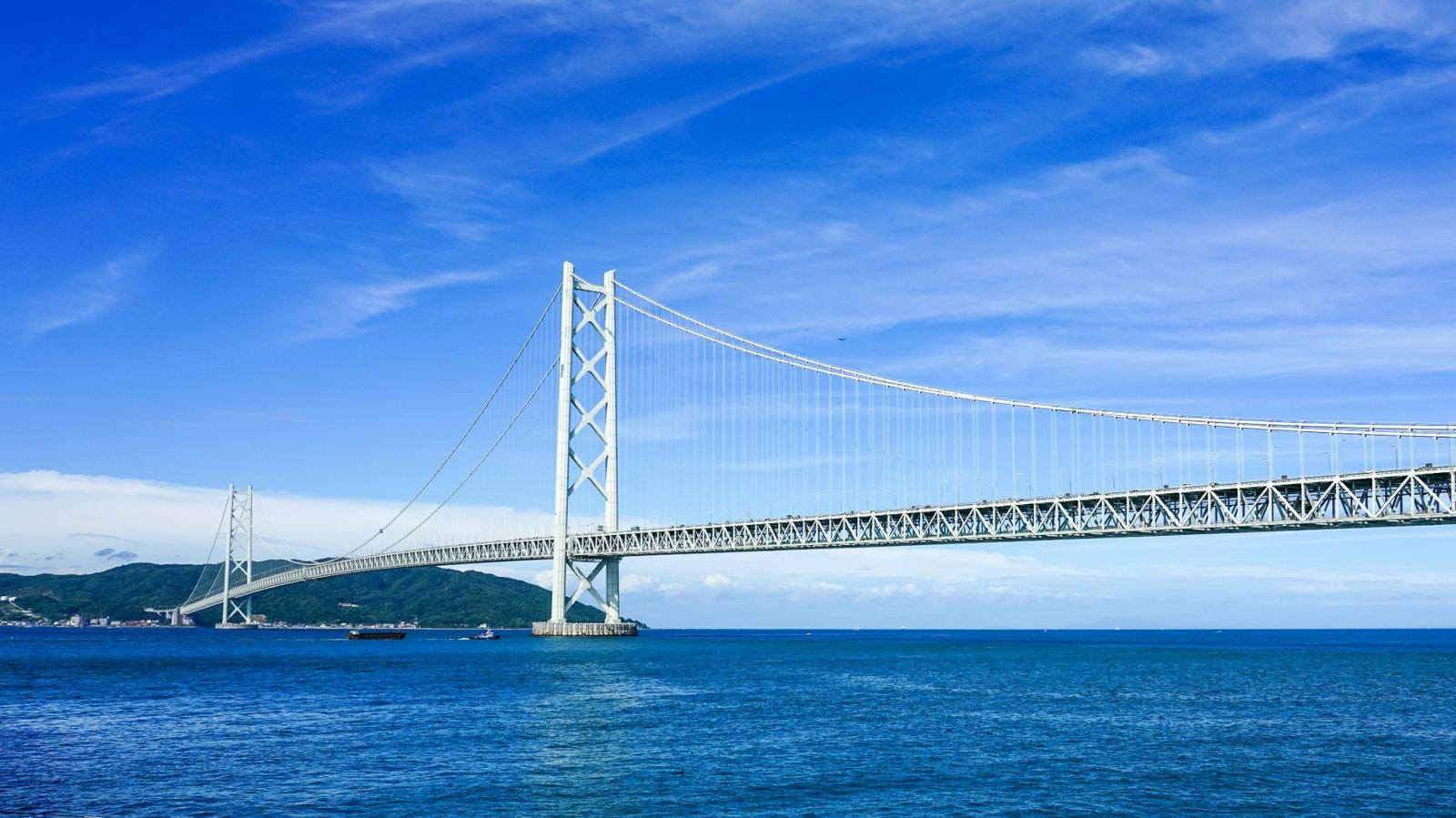 青空に架かる明石海峡大橋 — 人と企業の架け橋のイメージ